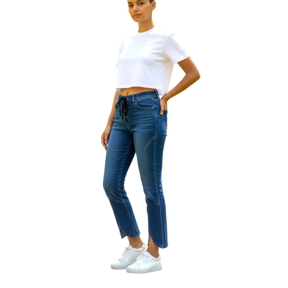 Lucky Brand Womens 8/29 Lace Up High Rise Cropped Jeans Medium Wash Curved Seam